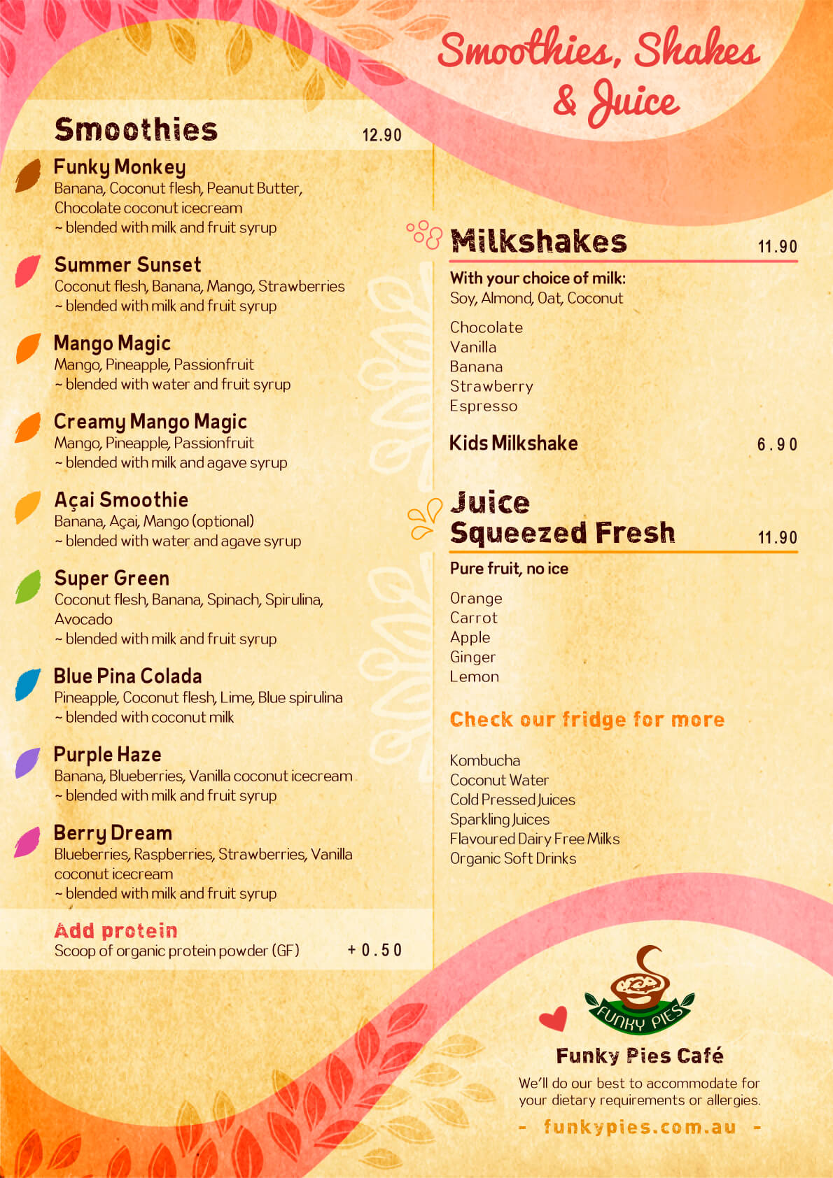 Funky Pies Menu - Drinks